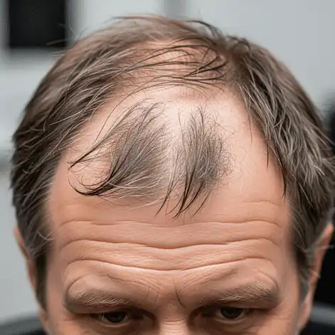 A close-up of a person’s hair with thinning areas on the top of the head, showcasing a natural hair texture and color, often seen in greasy hair men's hair conditions.
