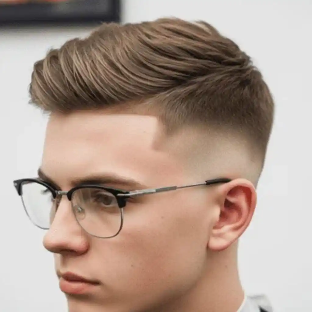 Men hairstyles with glasses featuring a stylish haircut with voluminous top hair and faded sides, complemented by modern eyeglasses and a barber's cape.