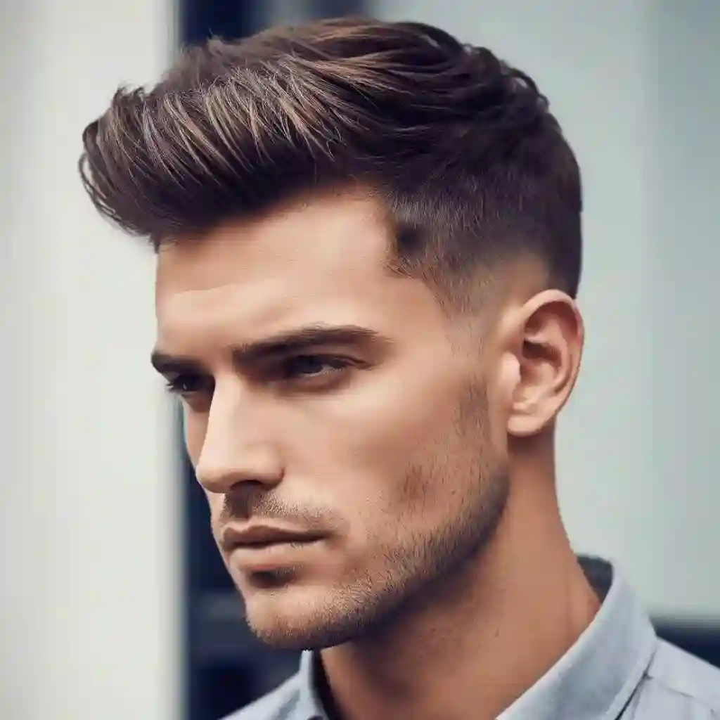 A young man with stylish, voluminous hair showcasing modern men short hairstyles, wearing a light blue button-up shirt against a neutral background.