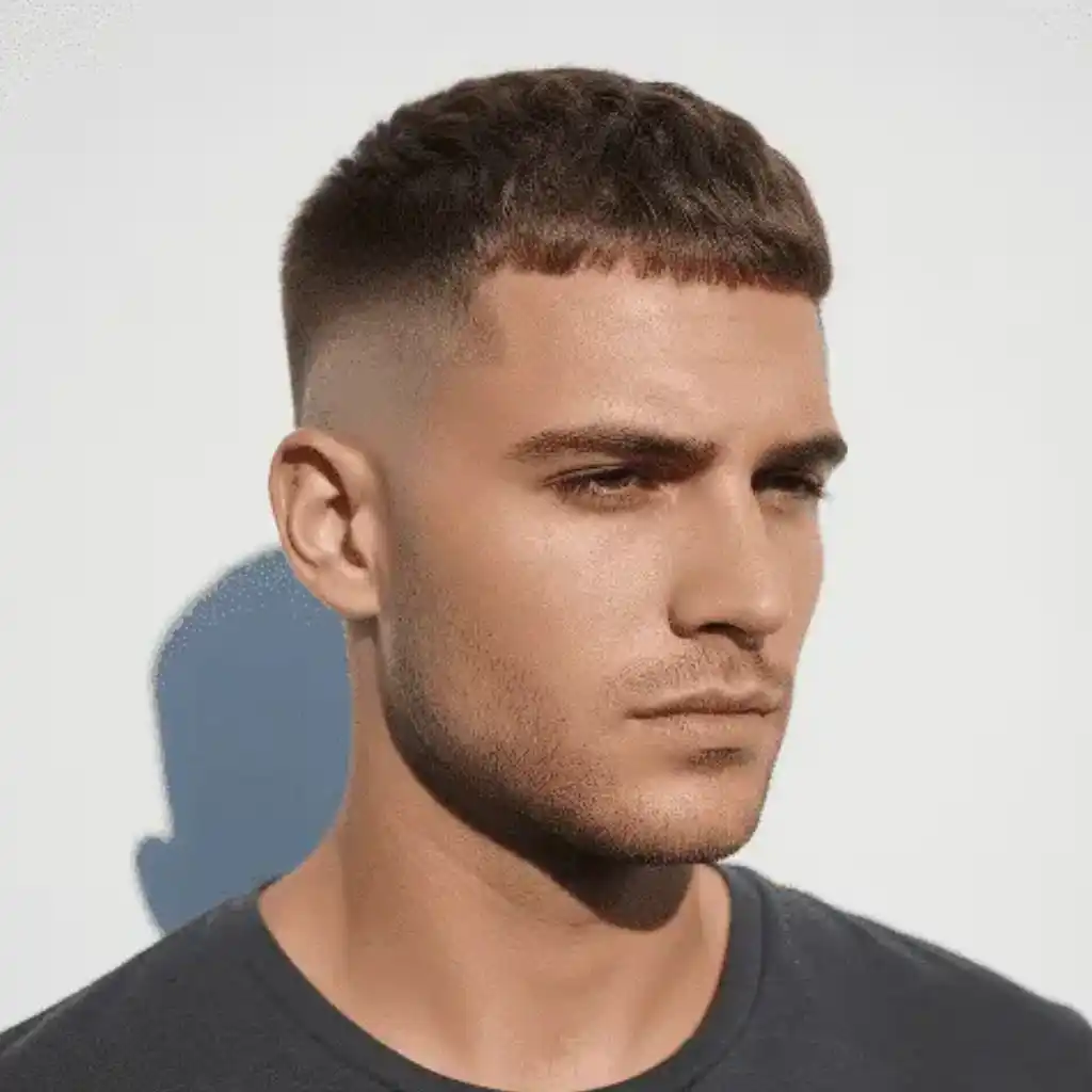 A person stands against a light-colored wall, wearing a dark t-shirt, showcasing modern men short hairstyles with a faded cut.