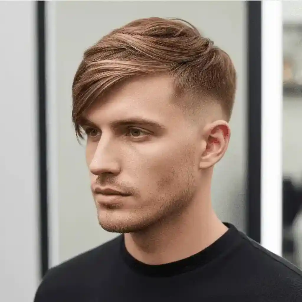 A young man with stylish, modern men short hairstyles featuring a slicked-back look and a fade haircut, wearing a black shirt, stands in front of a mirror.
