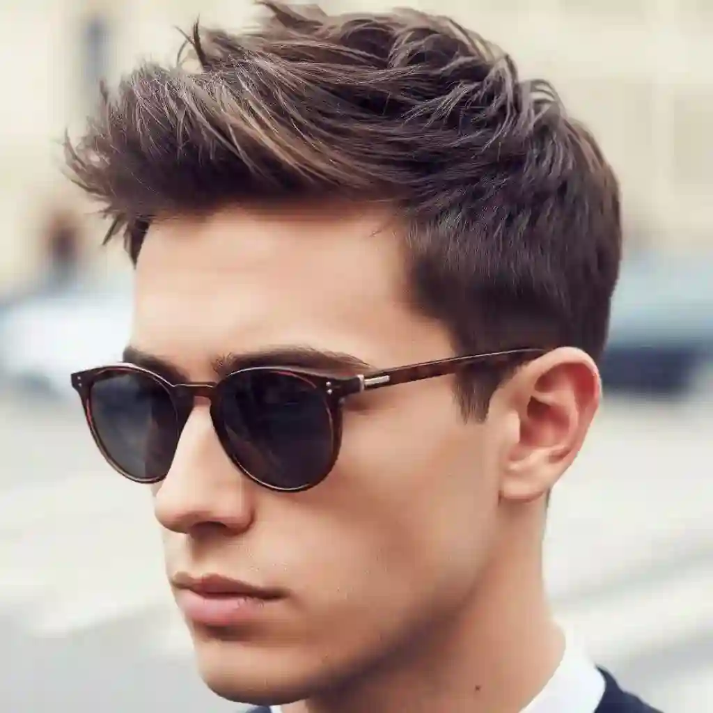 A young man with modern men short hairstyles, stylishly tousled hair, and sunglasses stands outdoors, dressed in a black sweater and white collar, against an urban backdrop.