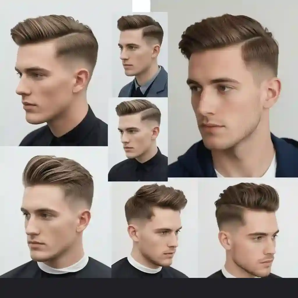 A collage of various modern men short hairstyles featuring slicked-back and side-parted styles in different angles and clothing.