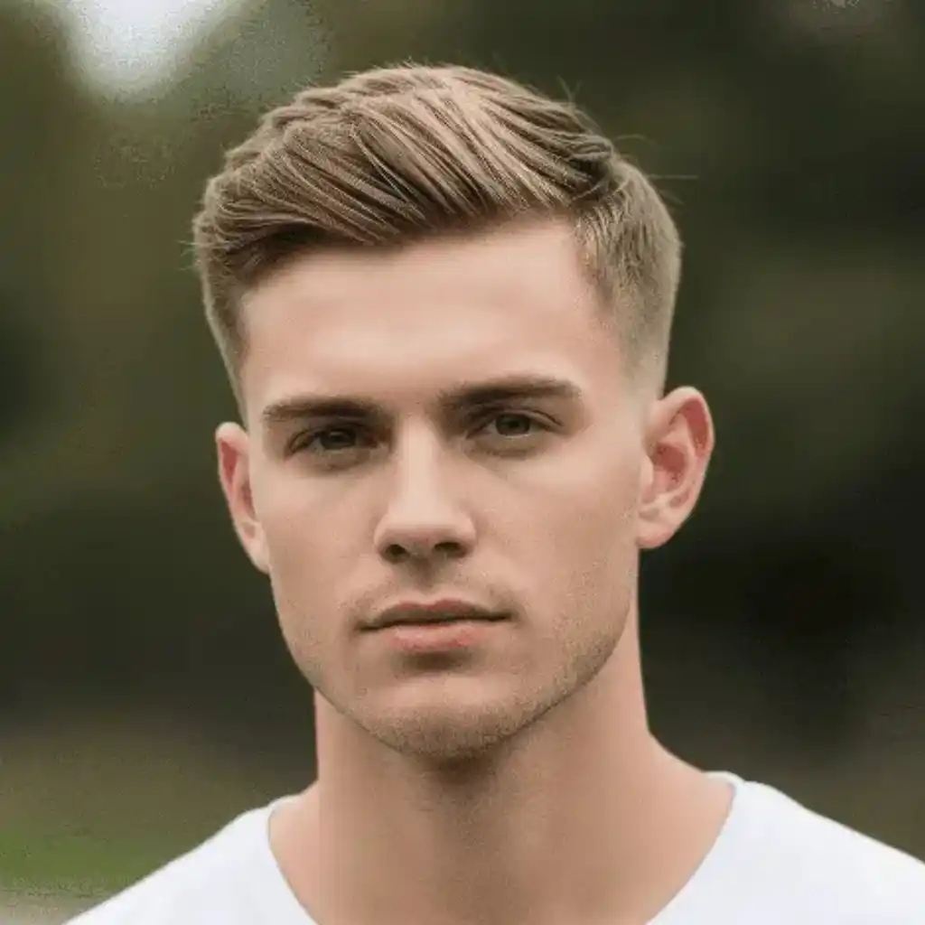 A young person with light brown hair styled upwards in modern men short hairstyles, wearing a white shirt, stands outdoors with a blurred natural background.