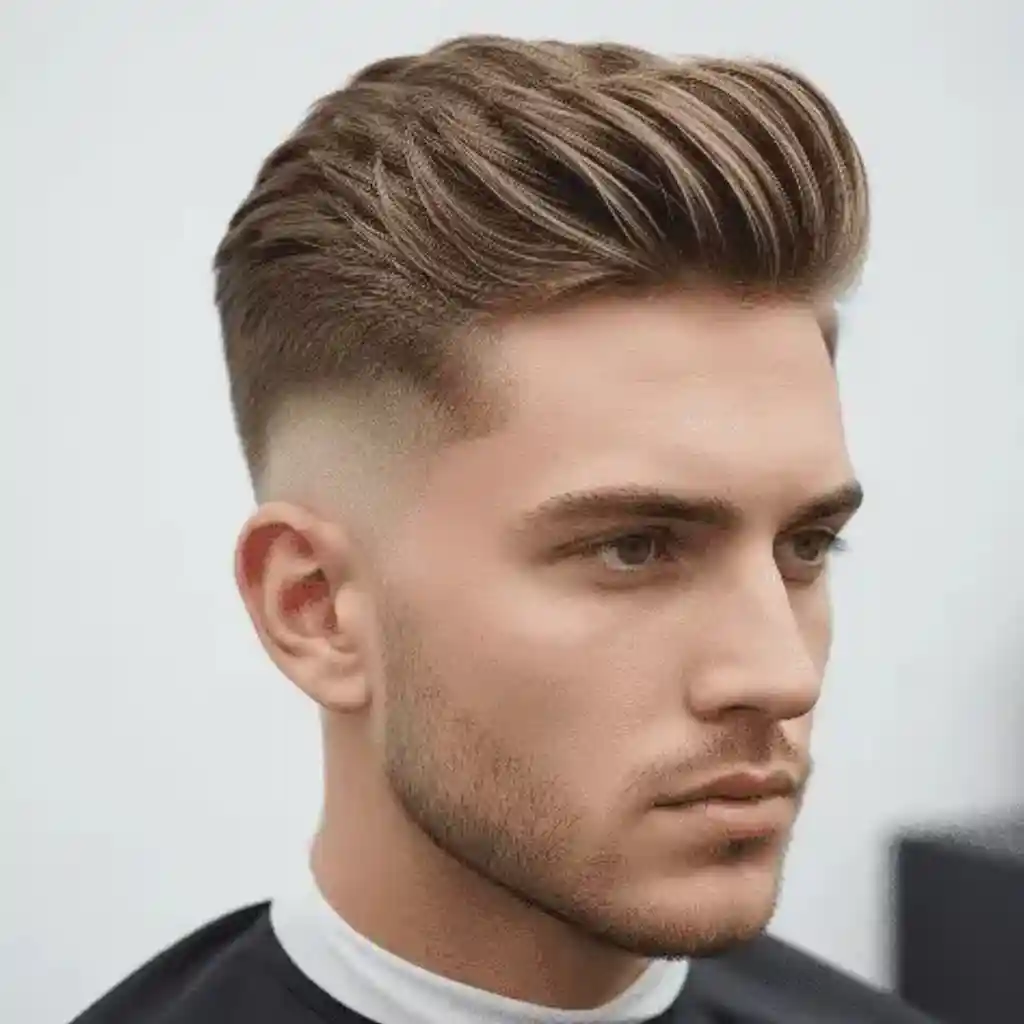 A man with stylish, voluminous light brown hair styled upwards, featuring a faded undercut, showcasing modern men short hairstyles, and wearing a black barber cape.