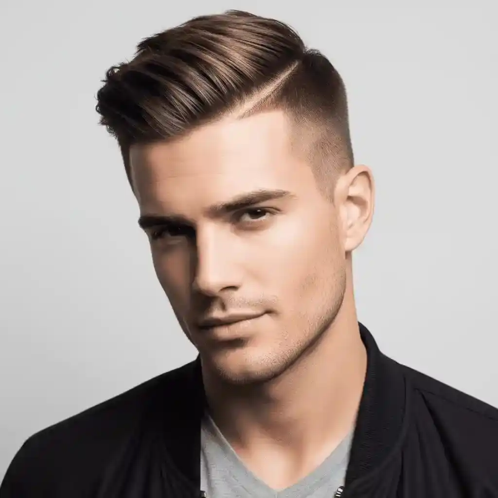 A young man with modern men short hairstyles and a stylish haircut wears a black bomber jacket over a gray V-neck shirt, posing against a neutral background.