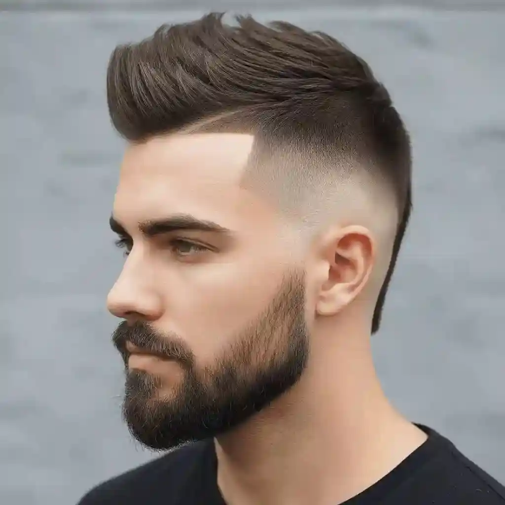A person with a stylish textured haircut featuring a fade, showcasing modern men short hairstyles, wearing a black t-shirt, against a soft gray background.