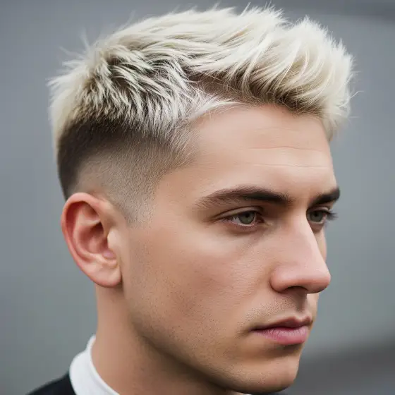 A man with a modern short haircut featuring bleached blonde textured hair on top and a fade on the sides, representing popular bleached hairstyles men, gazes into the distance with a calm expression.