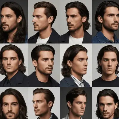 A grid of 12 male portraits showcasing a variety of growing hair out hairstyle looks and casual fashion, arranged in four rows and three columns.
