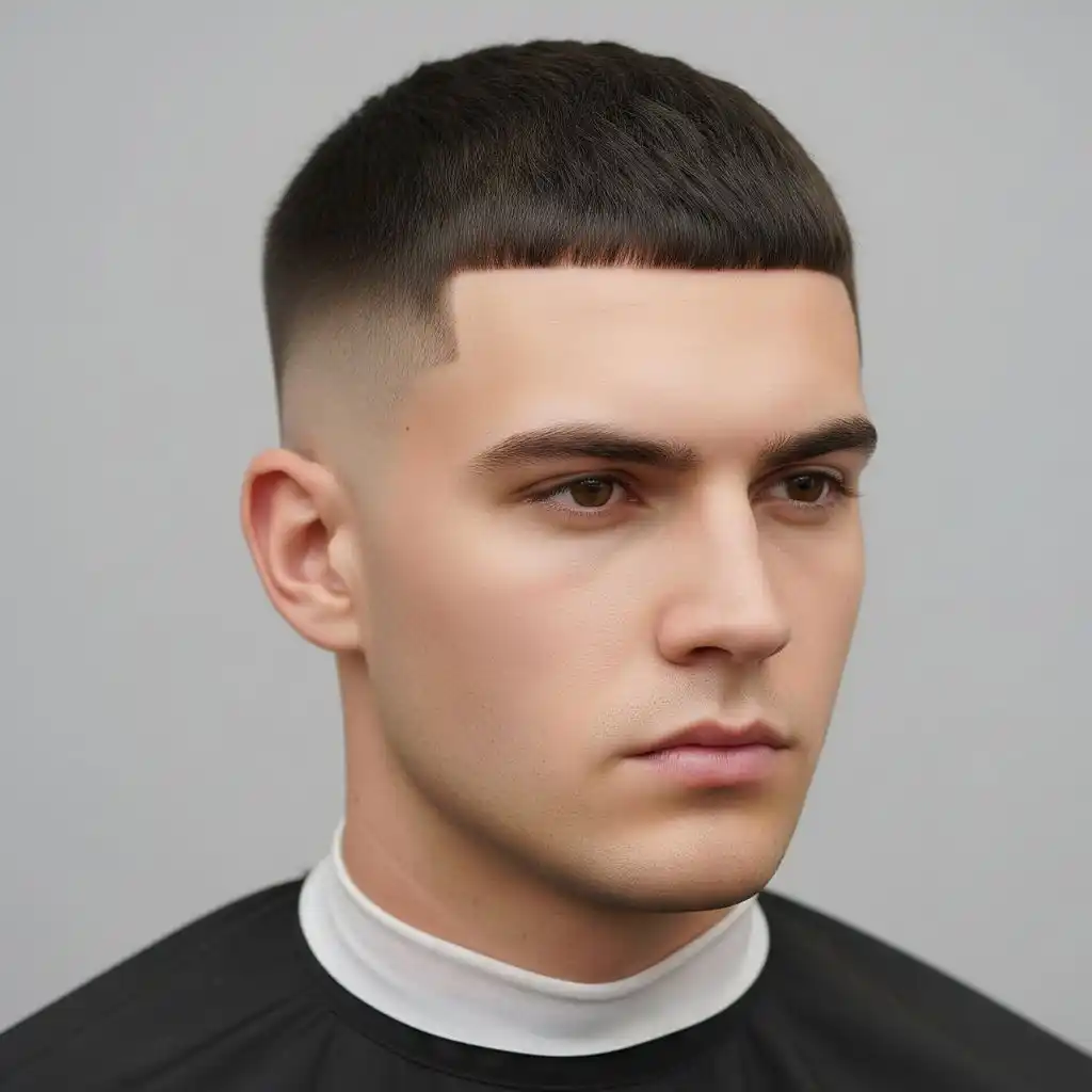 26 On-Trend Men's Crop & Crew Cuts 6 A young man showcasing MEN'S CROP & CREW CUTS with a close-cropped hairstyle and clean fade, wearing a black cape in a neutral-toned setting.