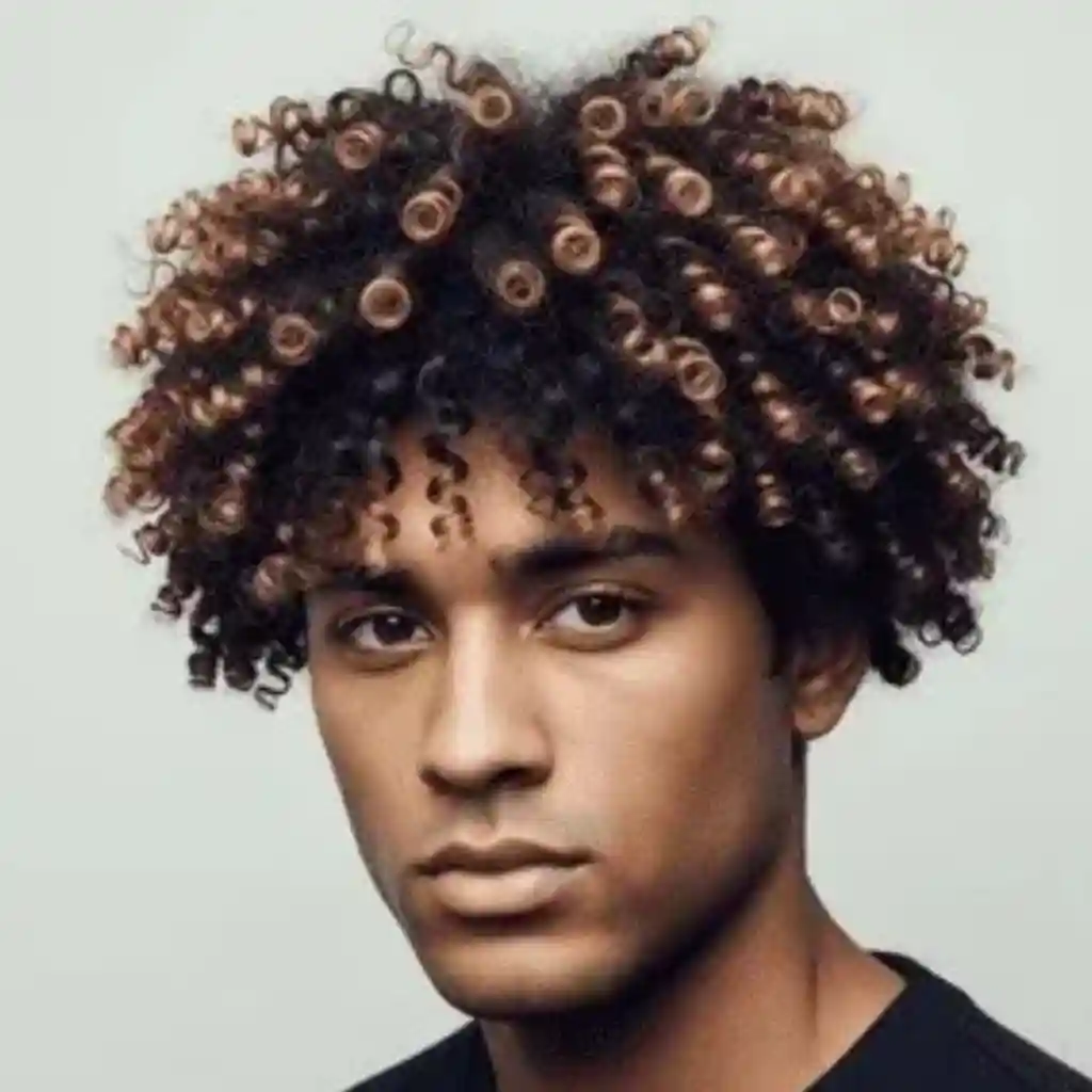 Top 24 Men Hairstyle Curls Choices 6 A person showcasing Men Hairstyles Curls with voluminous, tightly coiled hair featuring light brown highlights, wearing a black shirt against a plain background.