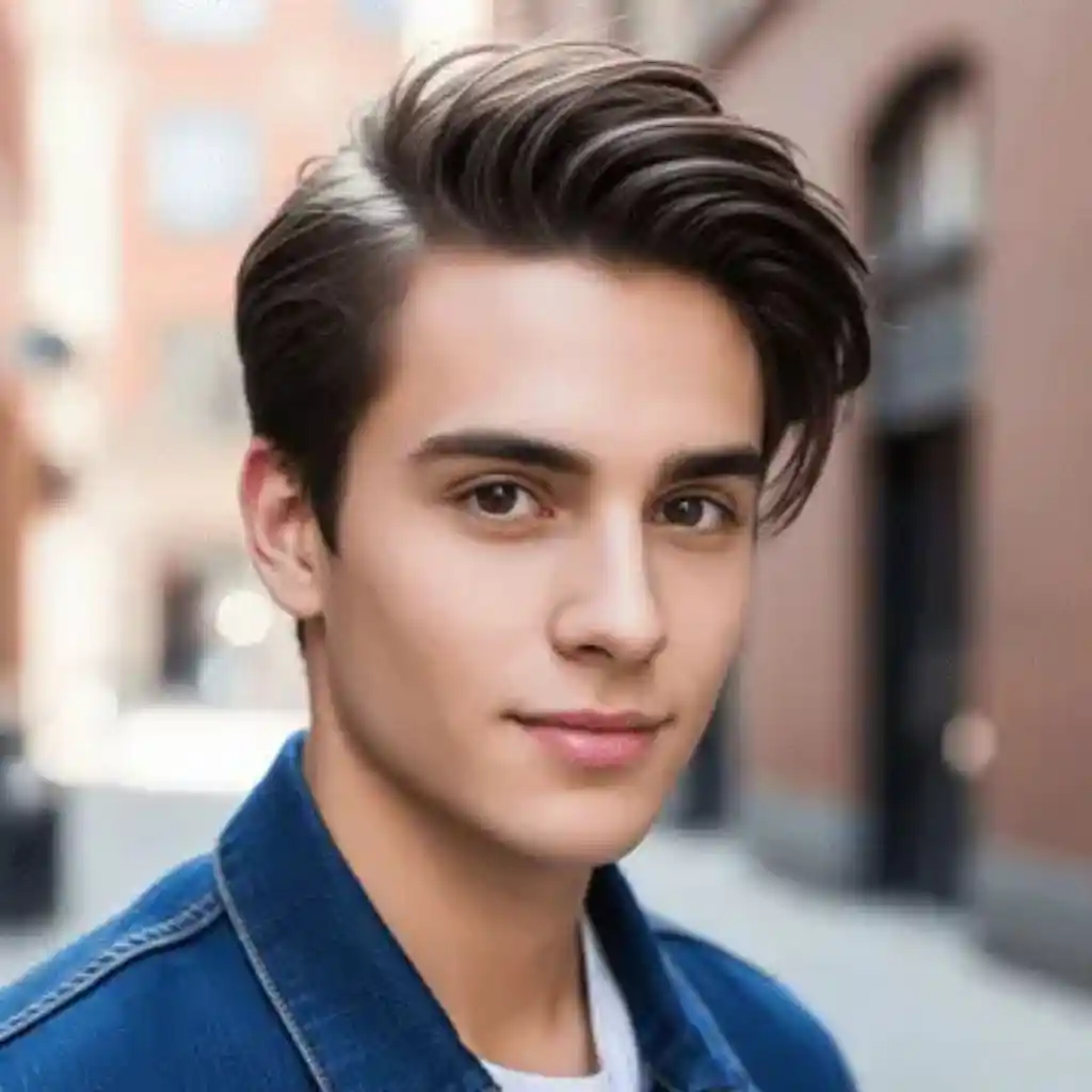 Trendy 16 Men Hairstyles Long Face 6 A young man showcasing MEN HAIRSTYLES LONG FACE, with stylish, voluminous hair, dressed in a denim jacket, standing in a warm-toned, urban street setting.