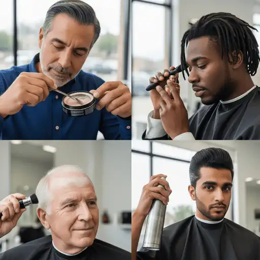 Essential Steps to Every Men's Hairstyle 6 A collage of four barbers working with clients, applying hair products and cutting hair, all indoors with bright natural lighting, illustrating the essential steps to every men's hairstyle.
