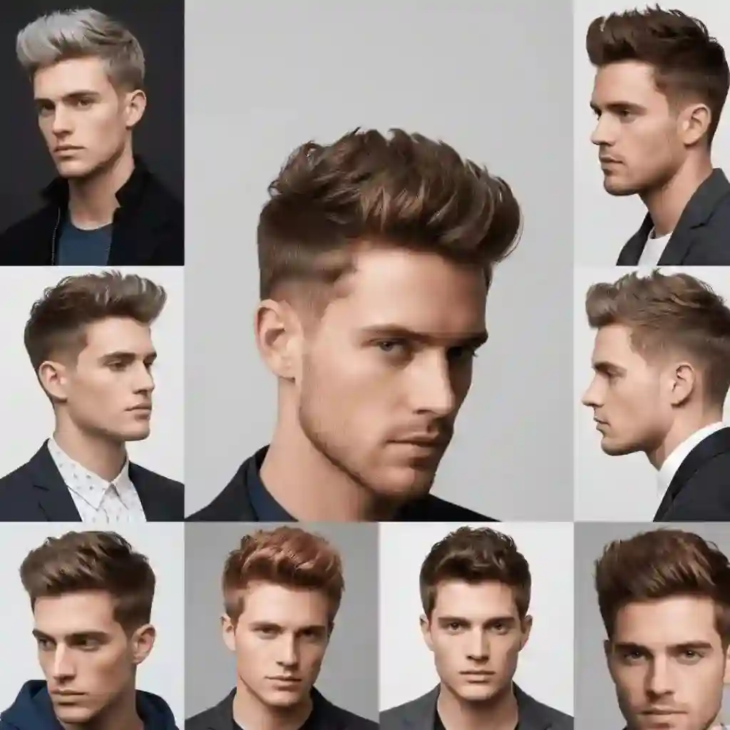 A collage featuring various trendy modern men short hairstyles on different male models, showcasing side and front views in stylish outfits.