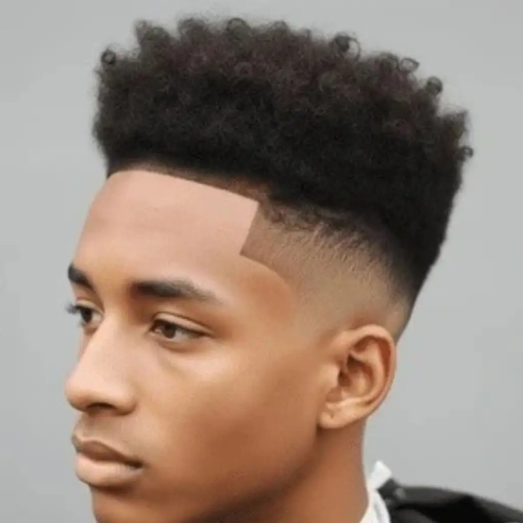Top 24 Men Hairstyle Curls Choices 7 Men Hairstyles Curls: A person with a stylish curly top hairstyle, featuring a fade on the sides, wearing a black salon cape against a gray background.