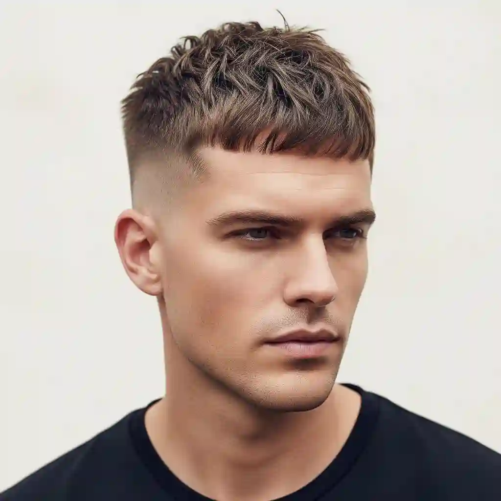 26 On-Trend Men's Crop & Crew Cuts 7 A young man showcasing MEN'S CROP & CREW CUTS with textured, short hair and a faded haircut, wearing a black t-shirt against a neutral background.