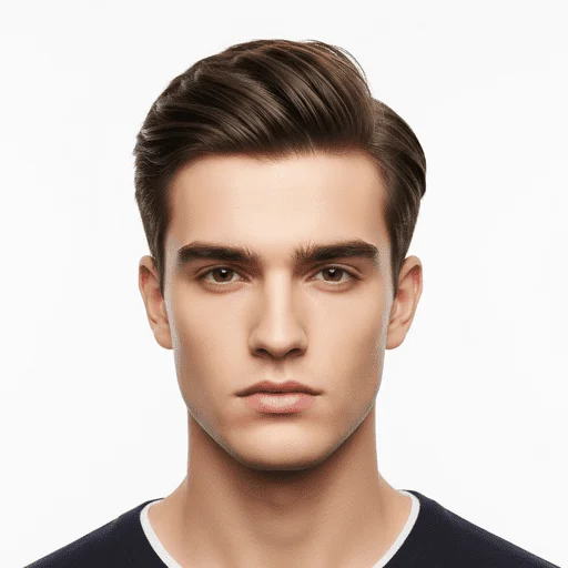 Ultimate Guide to Men's Hairstyles for Straight Hair in 2025 7 A young person showcasing one of the trending Young Men Hairstyles Straight Hair, with stylish, perfectly groomed dark brown hair, wearing a navy blue top with a white collar against a plain background.