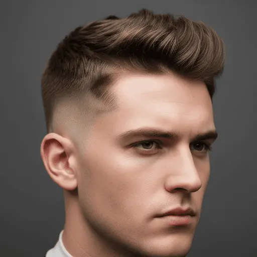 Edgar Hairstyles for Men- Top Styles You Needs to Try 7 A young man with a stylish Edgar haircut for men, featuring a fade and voluminous top, set against a dark background.