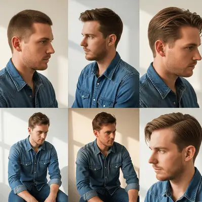 A grid of six images showing a man in a denim shirt, featuring various profiles and angles, highlighting his growing hair out hairstyle and lighting.