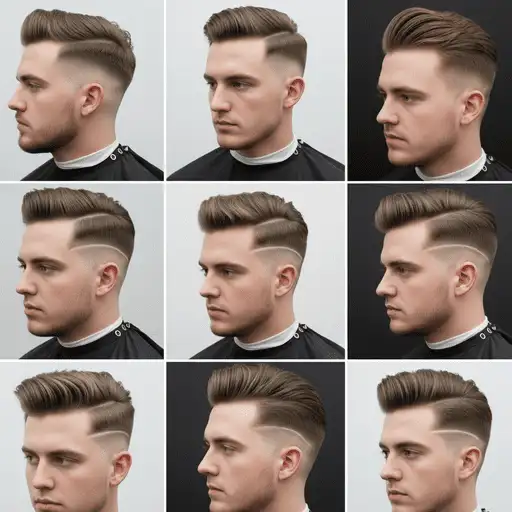 Edgar Hairstyles for Men- Top Styles You Needs to Try 8 A collage of nine hairstyle variations showcasing stylish men's cuts, including Edgar haircuts for men with side fades and textured tops.