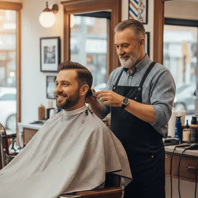 A barber in an apron trims a client's growing hair out hairstyle in a vintage-style barber shop, surrounded by tools and a warm atmosphere.