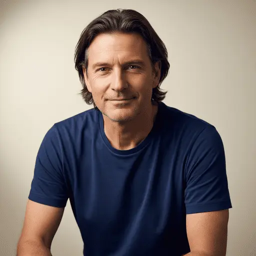 Essential Steps to Every Men's Hairstyle 8 A man with medium-length dark hair is wearing a blue t-shirt, sitting casually against a plain backdrop, exuding a relaxed demeanor while reflecting the essential steps to every men's hairstyle.