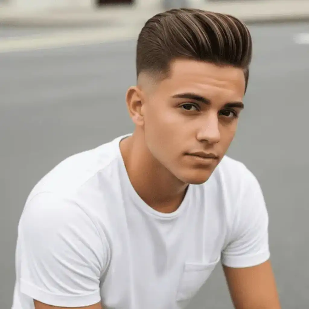 Modern Men Short Hairstyles- A Comprehensive Guide 8 A young man sits casually on the street, wearing a simple white t-shirt with a pocket, showcasing one of the modern men short hairstyles with a clean and stylish haircut.