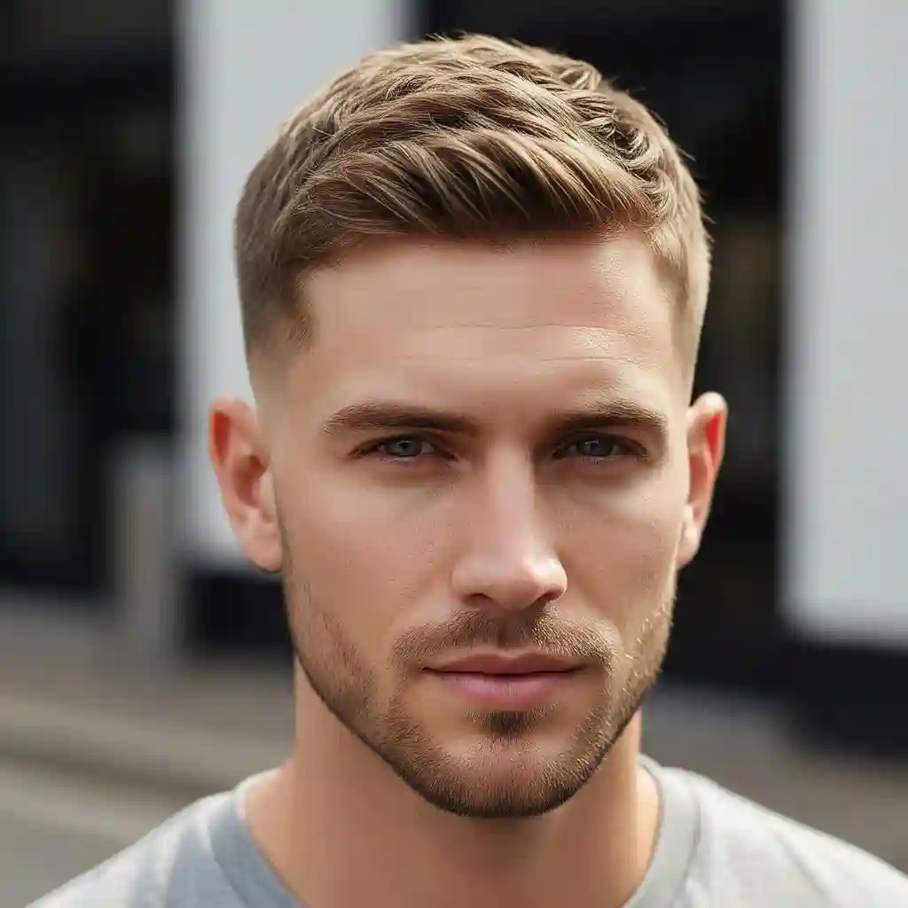 26 On-Trend Men's Crop & Crew Cuts 8 A close-up portrait of a young man with a stylish MEN'S CROP & CREW CUTS haircut, wearing a gray t-shirt, against a blurred city background.
