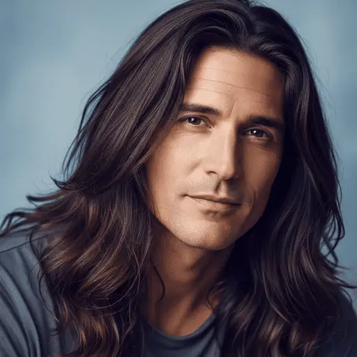 A person with long, wavy brown hair is shown against a soft, blurred blue background, wearing a casual gray shirt, representing the essential steps to every men's hairstyle.