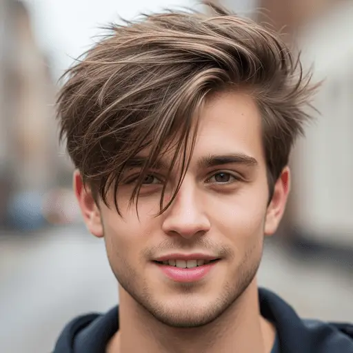A young man outdoors showcasing one of the trendy young men hairstyles for straight hair, with stylish, tousled locks, dressed in a black hoodie, standing against a blurred urban background.