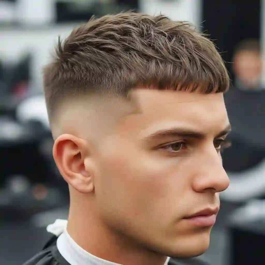 A close-up of a stylish MEN'S CROP & CREW CUTS hairstyle featuring textured, tousled layers and a faded undercut, set against a blurred barbershop background.