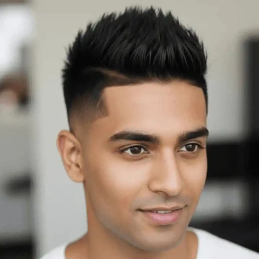 A young man showcasing popular men hairstyles Indian style, with short, styled black hair, wearing a white shirt, against a softly blurred indoor background.