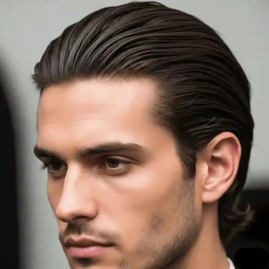 A close-up of a person with stylishly slicked-back dark hair, showcasing a well-groomed, polished look — a perfect example of men hairstyles long face.