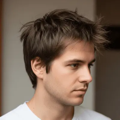 A young person with a growing hair out hairstyle, featuring messy, tousled hair, wearing a plain white shirt, is seen from the side against a soft, neutral background.