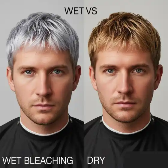 Side-by-side comparison of two men showcasing bleached hairstyles: left, wet bleached silver; right, dry blonde. Both wear black capes and display neutral expressions.