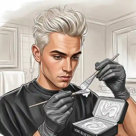 Illustration of a person with short, platinum blond hair applying bleach using a brush, representing bleached hairstyles men. They wear black gloves, with a neutral, focused expression.