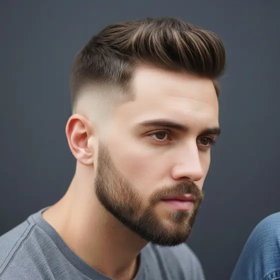 The Best Hairstyles for Drop Fade for Men 1 Two young men with stylish haircuts, including a drop fade for men, pose for the camera against a dark background, showcasing modern fashion and grooming.