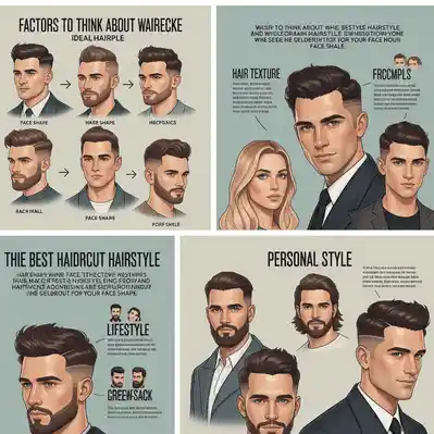 An infographic detailing factors for choosing hairstyles, including hair texture, face shapes, personal style tips, and guidance on finding the best haircut for your face shape men.