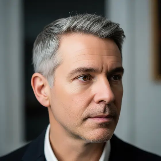 A man with short gray hair and wearing a dark suit, showcasing a stylish option for gray haircuts men. The background features soft, blurred indoor elements.