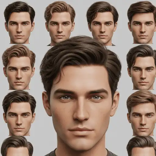 A grid of male portraits featuring various men hairstyles curtains, all faces obscured, creating a uniform yet diverse appearance.