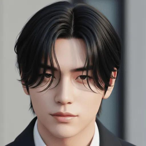 A person with sleek, dark hair styled in trendy men hairstyles curtains, wearing a black suit and white shirt, standing in front of a modern, blurred background.