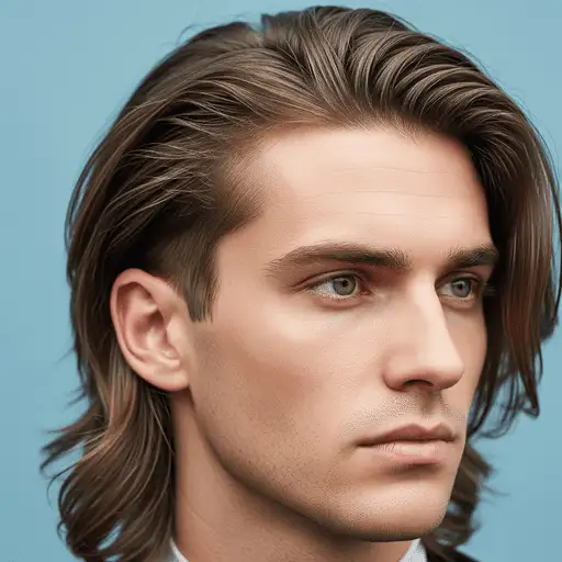 A close-up of a person showcasing MEN HAIRSTYLES CURTAINS with long, wavy hair styled down, set against a soft blue background.