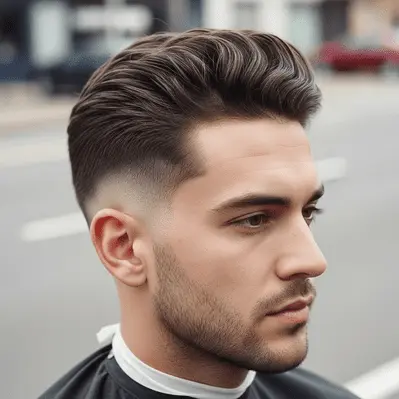 How to Choose the Best Haircut for Your Face Shape Men 7 A stylish haircut features voluminous, textured hair on top with a faded undercut, set against an urban street backdrop — showcasing the best haircut for your face shape men.