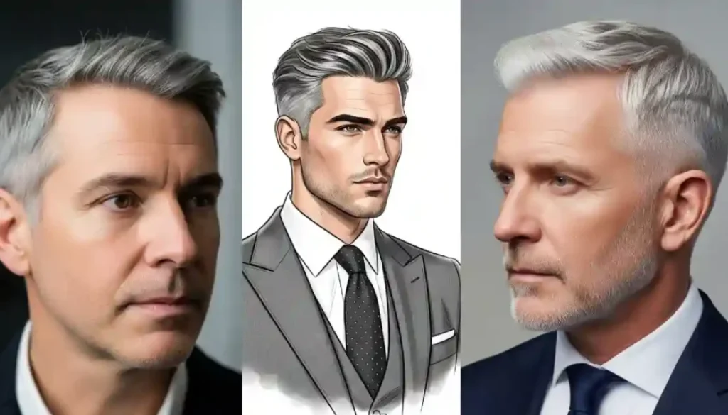Three images showcase men with stylish gray haircuts men. The center features a dressed-up illustration in a sleek suit and tie.