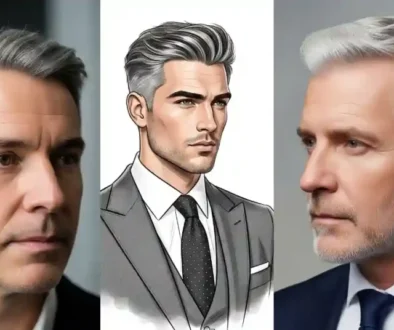 Three images showcase men with stylish gray haircuts men. The center features a dressed-up illustration in a sleek suit and tie.