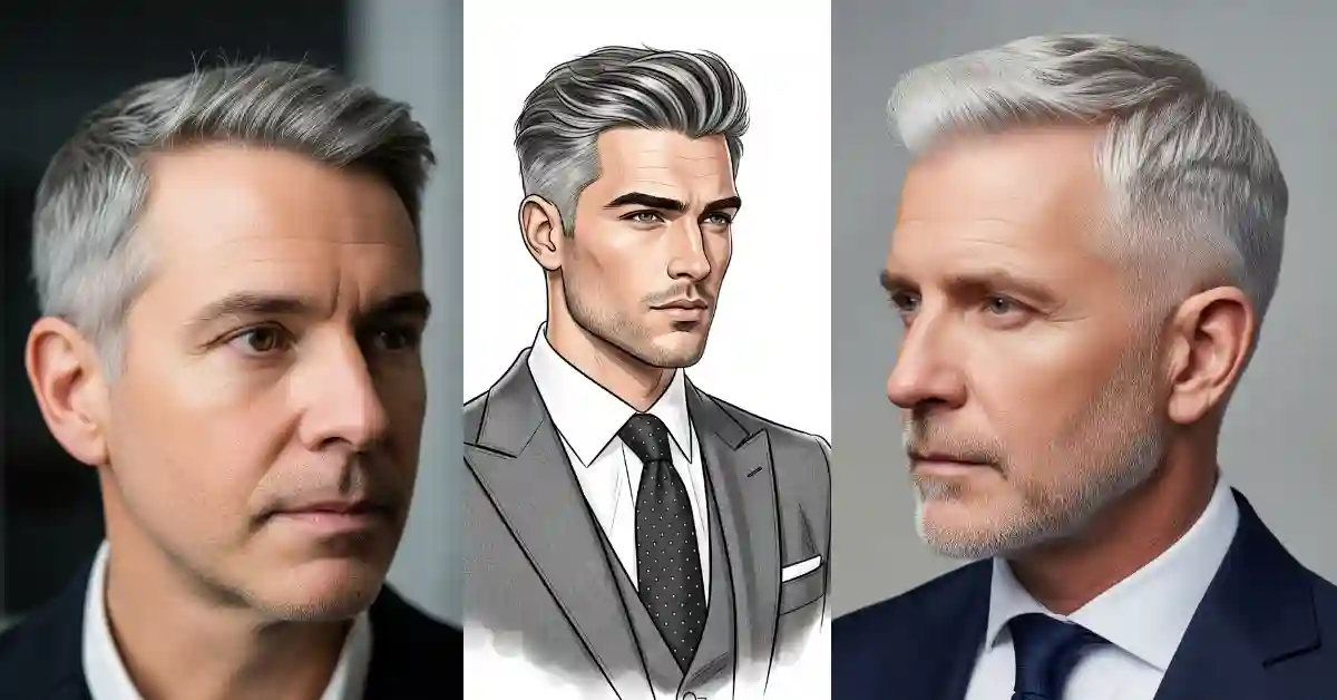 Three images showcase men with stylish gray haircuts men. The center features a dressed-up illustration in a sleek suit and tie.