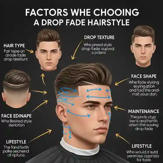 The Best Hairstyles for Drop Fade for Men 3 Infographic on factors to consider for a drop fade for men, including hair type, texture, face shape, maintenance, and lifestyle.