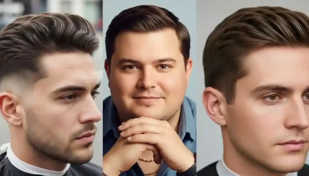 Three young men showcasing different stylish hairstyles — a textured quiff, slicked-back look, and a modern side part — each representing the best haircut for your face shape men.