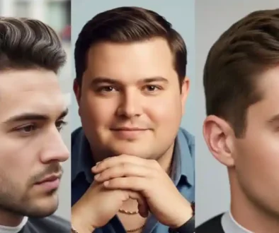 Three young men showcasing different stylish hairstyles — a textured quiff, slicked-back look, and a modern side part — each representing the best haircut for your face shape men.