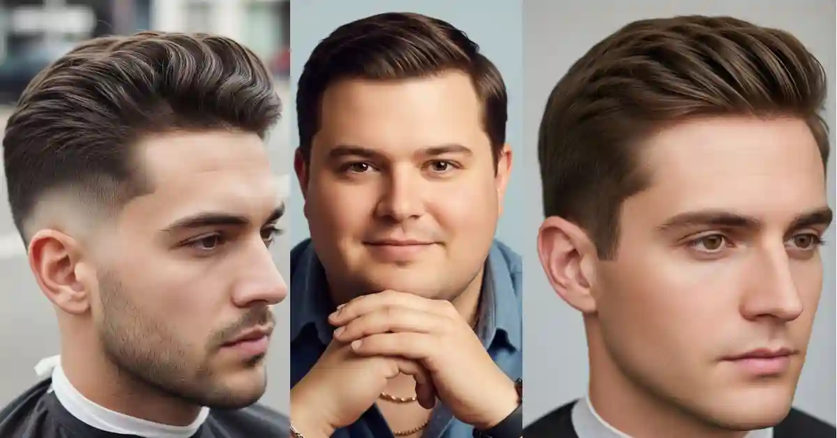 Three young men showcasing different stylish hairstyles — a textured quiff, slicked-back look, and a modern side part — each representing the best haircut for your face shape men.